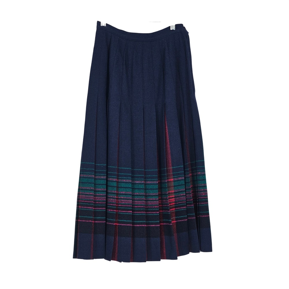 Vintage 70s Pendleton Wool Skirt Pleated Midi 6 Navy Plaid Dark Academia USA